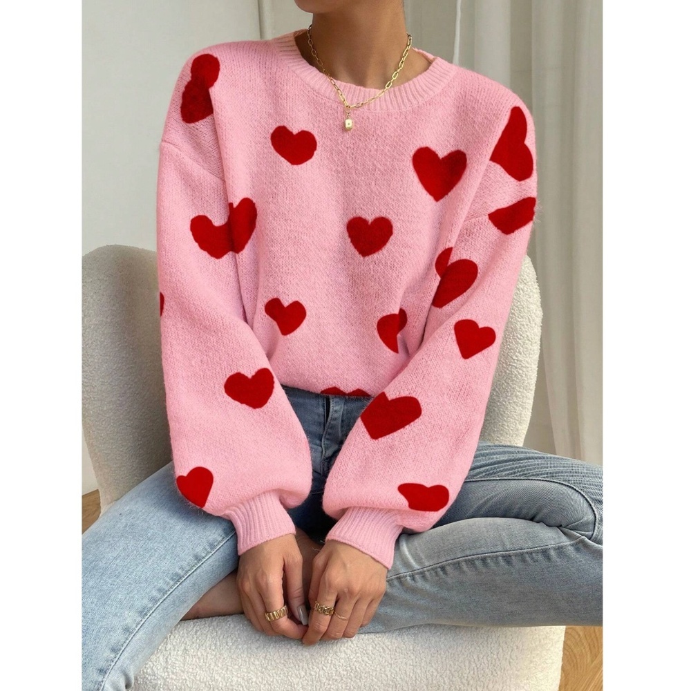 Pink Red Hearts Print Knit Sweater Pullover Long Sleeve